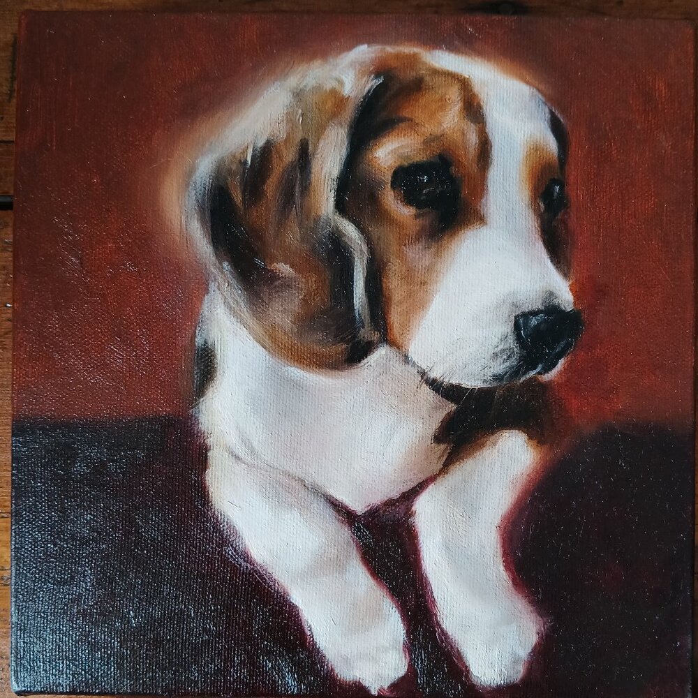 Signed - Original Oil Painting Beagle Dog Puppy on Canvas - Canadian Artist